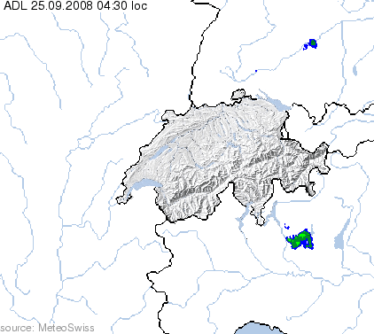 Radar map showing where it is raining or snowing in Switzerland